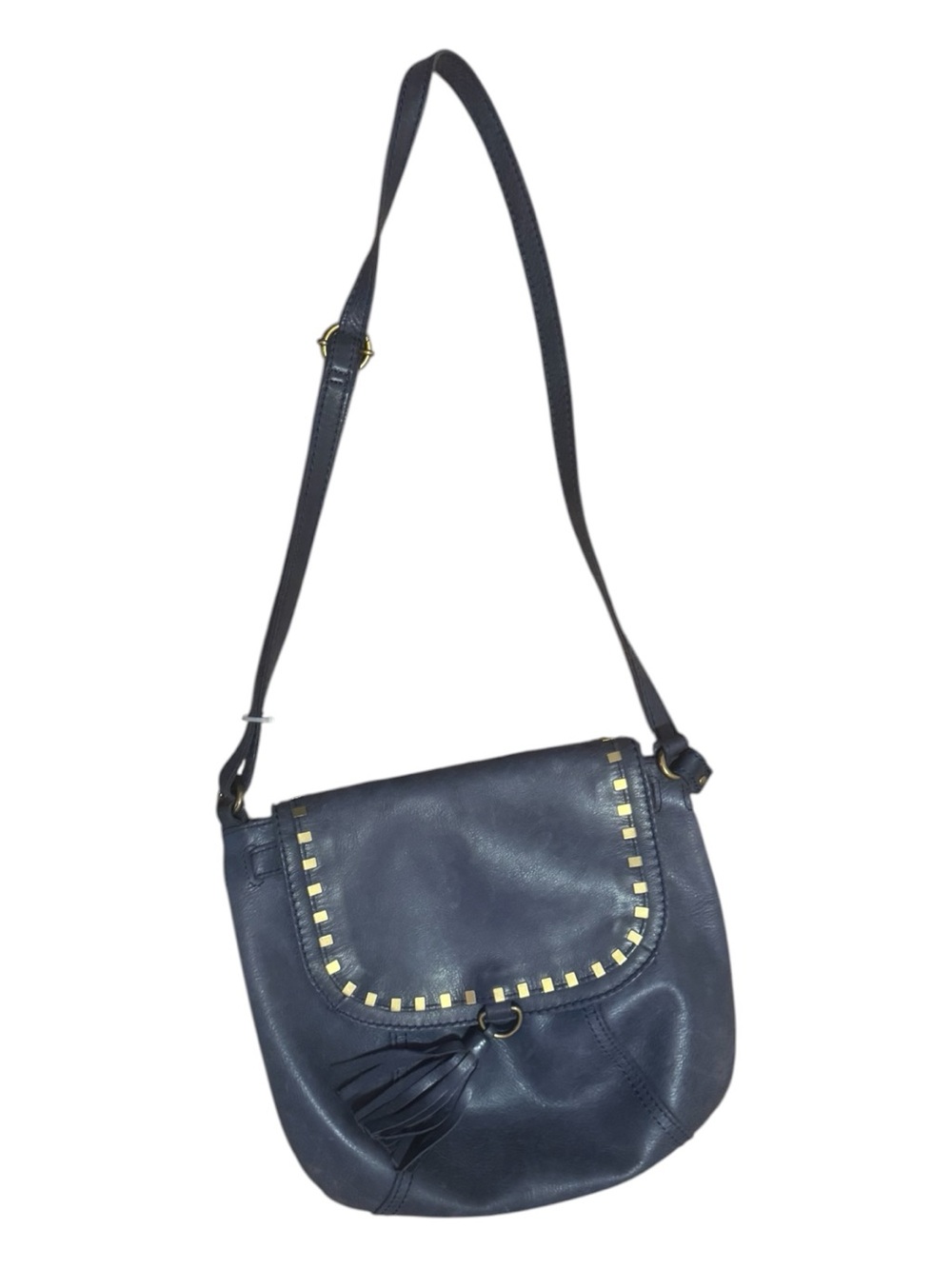 The Sak Serrano Leather Saddle Bag Navy Blue Gold Studs Tassel NWOT - Picture 2 of 5